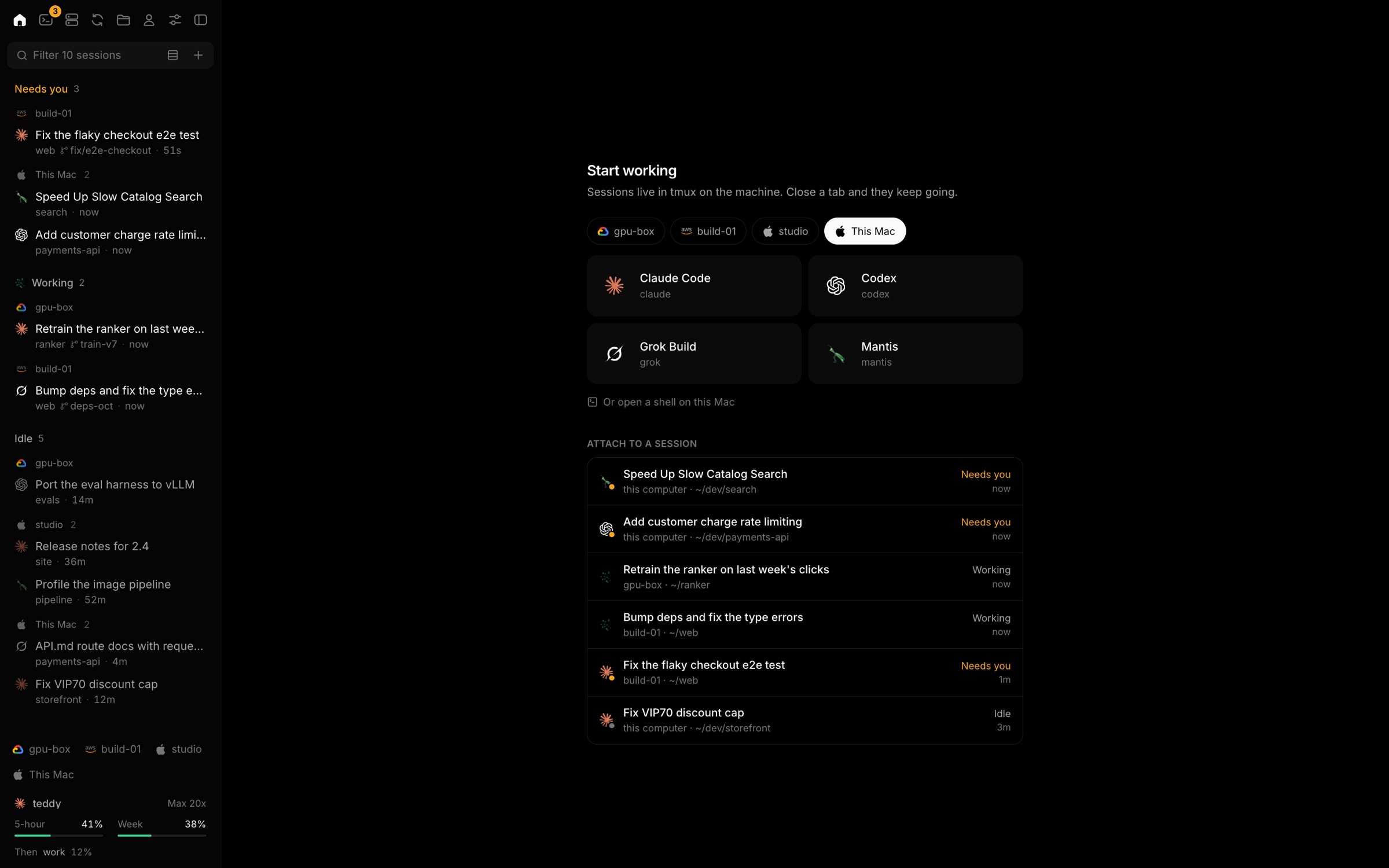 home: pick a machine, start an agent