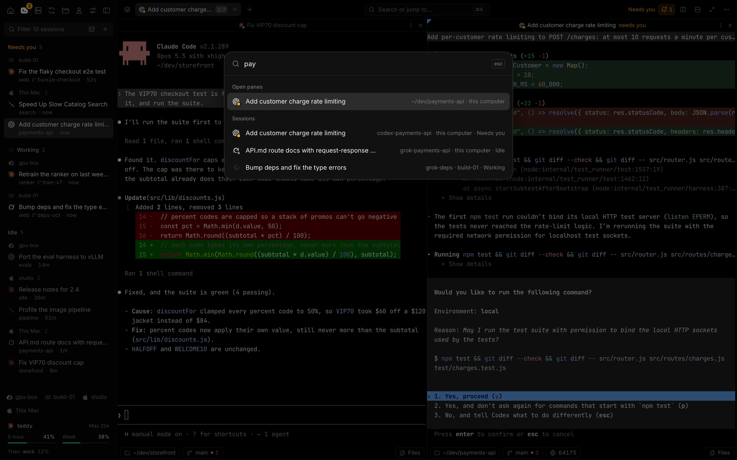 ⌘k across every session and machine