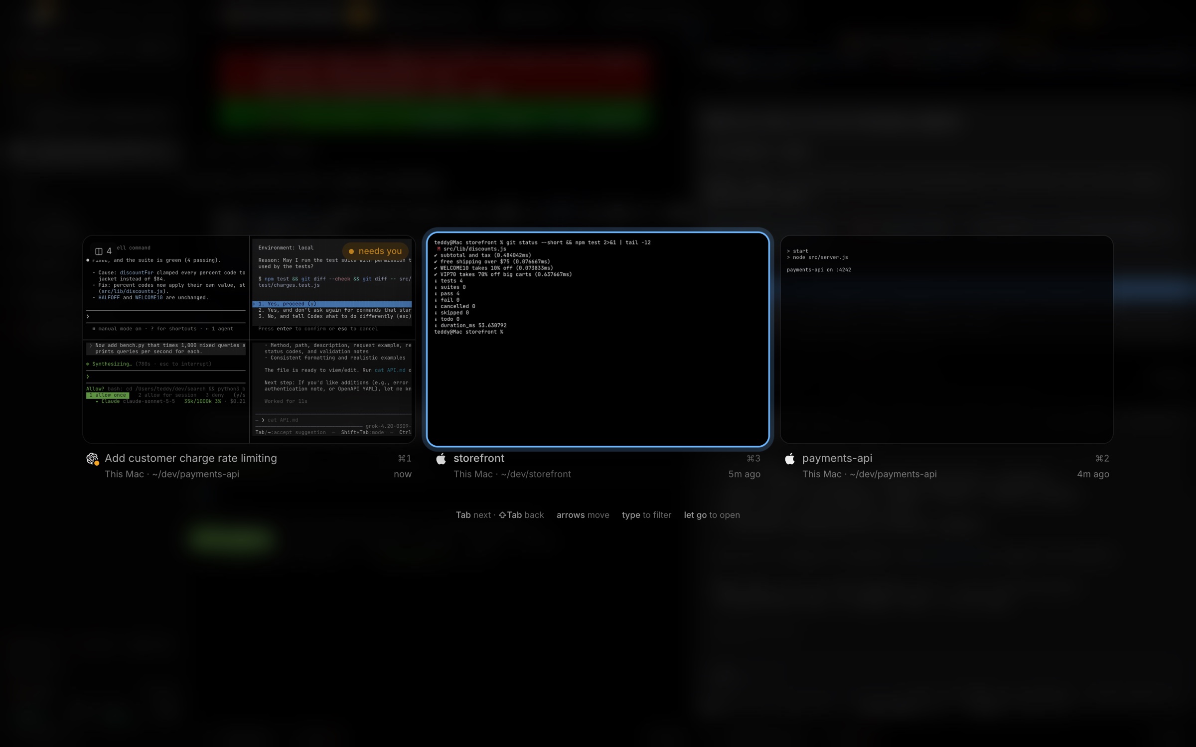 ⌃tab between workspaces, with live previews